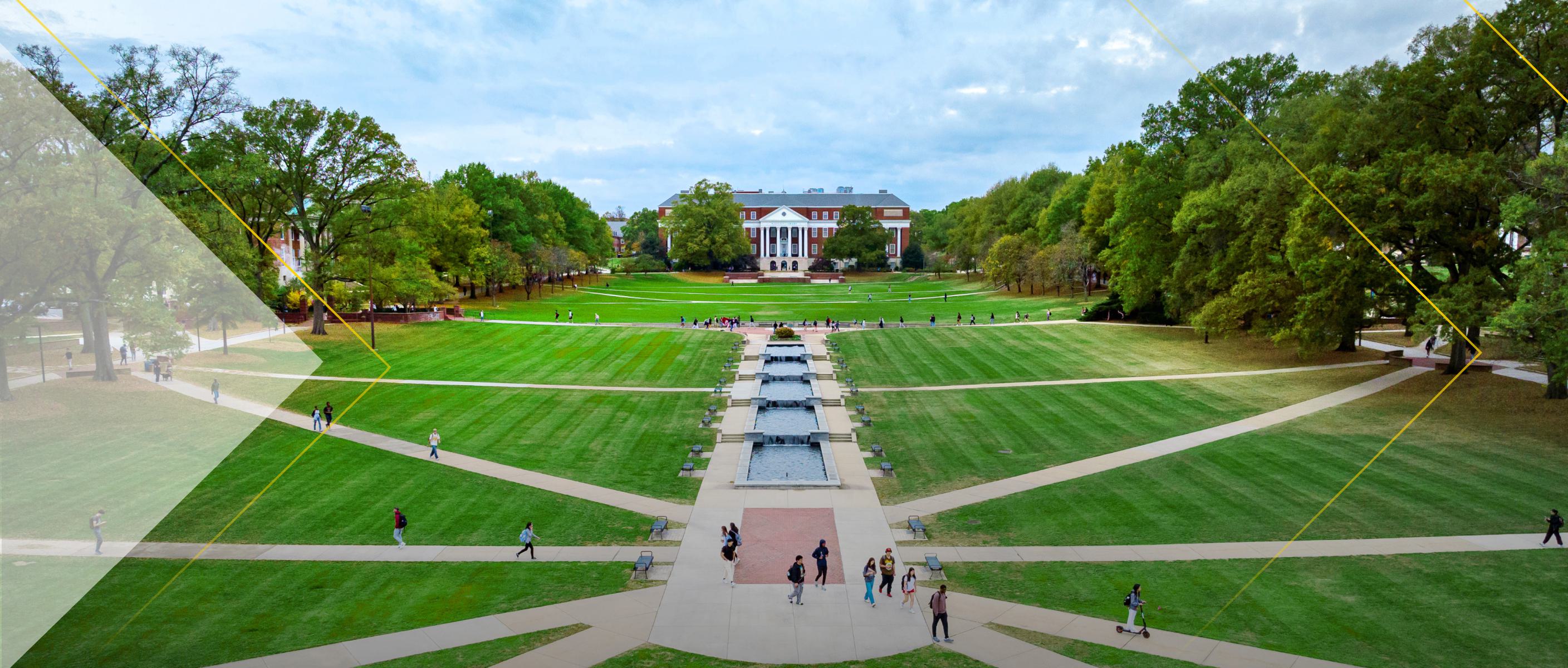 View of McKeldin Library over McKeldin Mall. Fountain and students in foreground