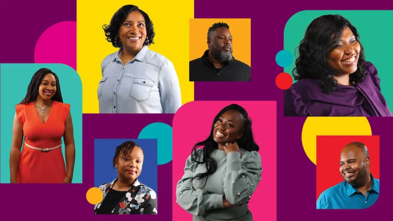 A collage made up of brightly colored blocks and circles along with photos of seven different people in a variety of poses.