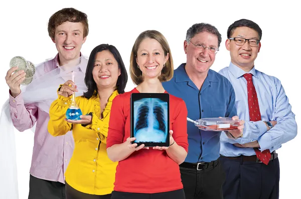 Five people holding up various science-related objects, like an x-ray, a beaker, slides, and more.
