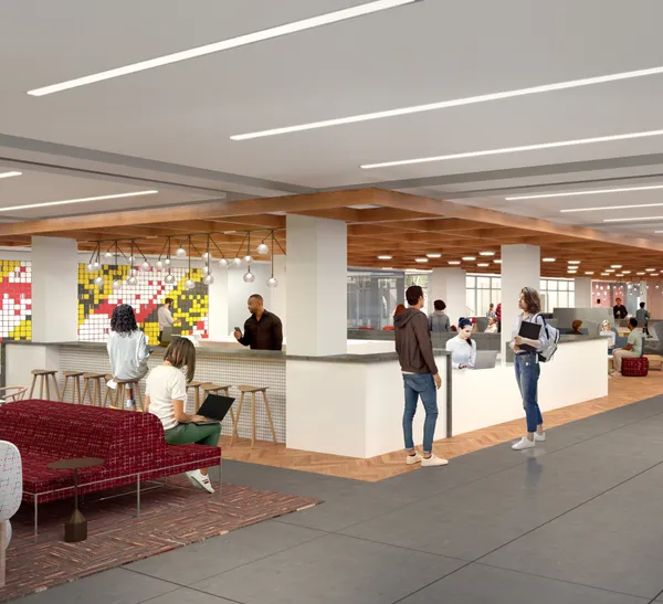 A computer generated image that shows a design of a space with a bar and stools for sitting, while people stand around engaging with one another or on their laptops.