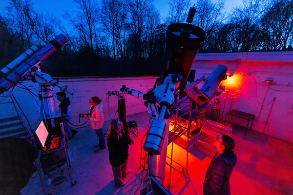 Three people looking into various sizes of telescopes under an evening sky with bare trees in the background.